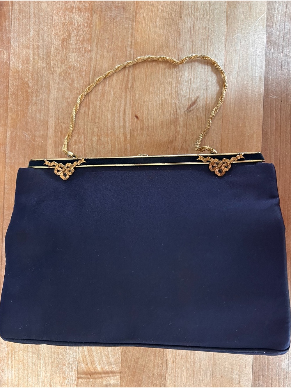 Vintage Twifaille by Rosenfeld Navy Satin Evening Clutch with Gold Chain Handle